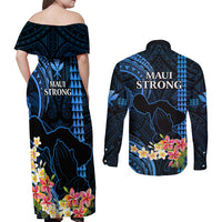 Hawaii Couples Matching Off Shoulder Maxi Dress and Long Sleeve Button Shirts Pray For Maui Hawaiian Plumeria Be Strong Blue Verison - Wonder Print Shop