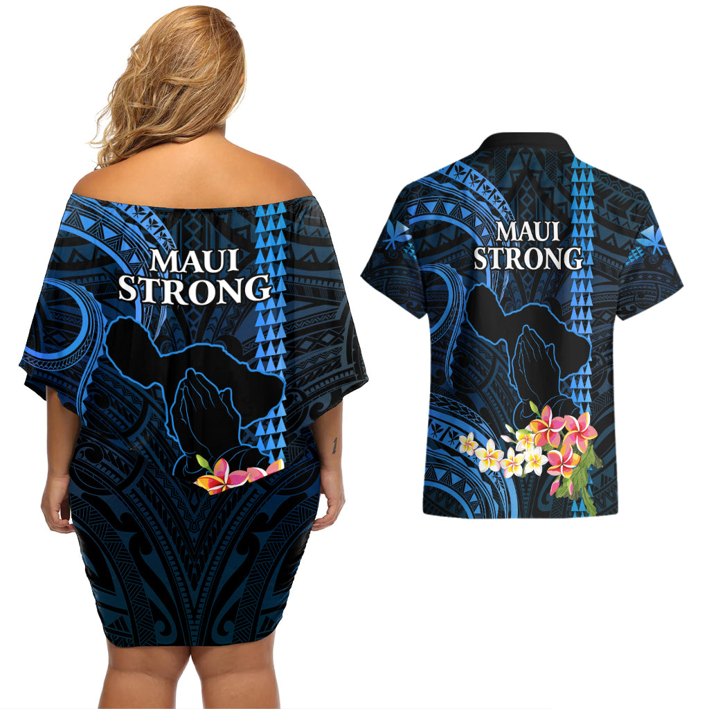 Hawaii Couples Matching Off Shoulder Short Dress and Hawaiian Shirt Pray For Maui Hawaiian Plumeria Be Strong Blue Verison - Wonder Print Shop