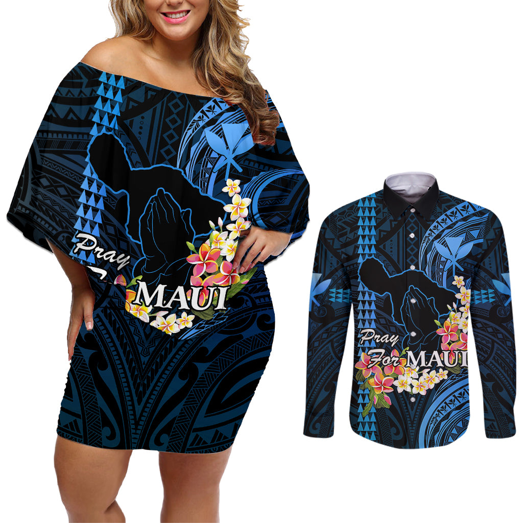 Hawaii Couples Matching Off Shoulder Short Dress and Long Sleeve Button Shirts Pray For Maui Hawaiian Plumeria Be Strong Blue Verison - Wonder Print Shop