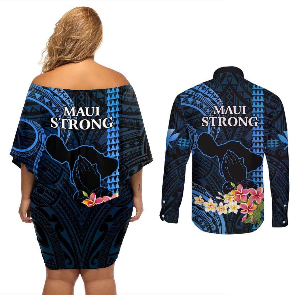 Hawaii Couples Matching Off Shoulder Short Dress and Long Sleeve Button Shirts Pray For Maui Hawaiian Plumeria Be Strong Blue Verison - Wonder Print Shop