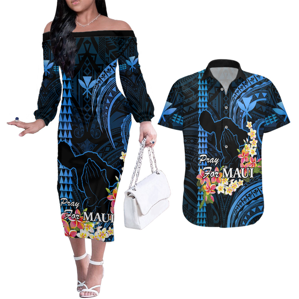 Hawaii Couples Matching Off The Shoulder Long Sleeve Dress and Hawaiian Shirt Pray For Maui Hawaiian Plumeria Be Strong Blue Verison - Wonder Print Shop