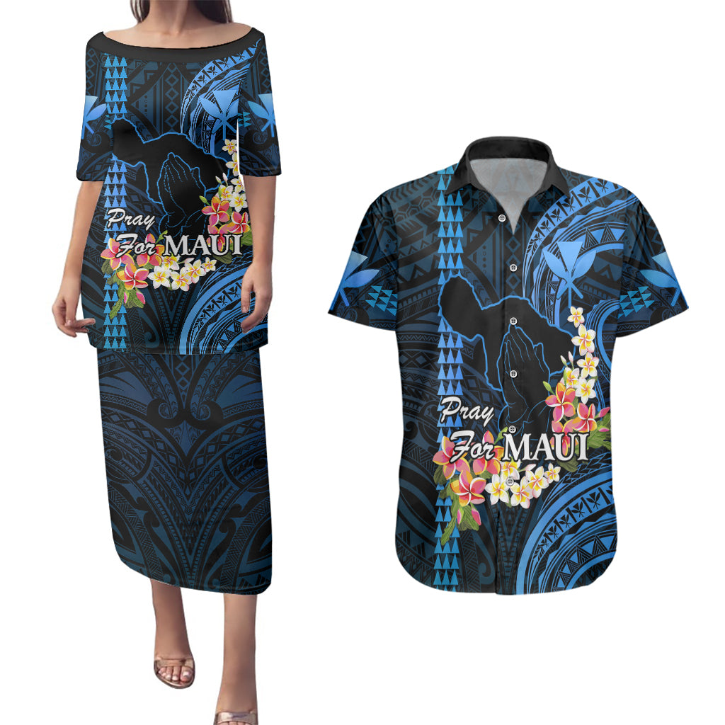 Hawaii Couples Matching Puletasi Dress and Hawaiian Shirt Pray For Maui Hawaiian Plumeria Be Strong Blue Verison - Wonder Print Shop