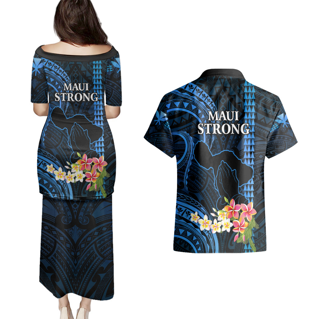 Hawaii Couples Matching Puletasi Dress and Hawaiian Shirt Pray For Maui Hawaiian Plumeria Be Strong Blue Verison - Wonder Print Shop