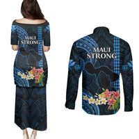 Hawaii Couples Matching Puletasi Dress and Long Sleeve Button Shirts Pray For Maui Hawaiian Plumeria Be Strong Blue Verison - Wonder Print Shop