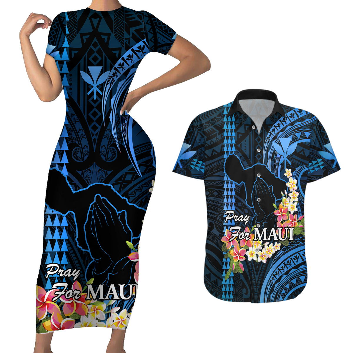 Hawaii Couples Matching Short Sleeve Bodycon Dress and Hawaiian Shirt Pray For Maui Hawaiian Plumeria Be Strong Blue Verison - Wonder Print Shop
