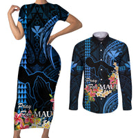 Hawaii Couples Matching Short Sleeve Bodycon Dress and Long Sleeve Button Shirts Pray For Maui Hawaiian Plumeria Be Strong Blue Verison - Wonder Print Shop