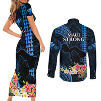 Hawaii Couples Matching Short Sleeve Bodycon Dress and Long Sleeve Button Shirts Pray For Maui Hawaiian Plumeria Be Strong Blue Verison - Wonder Print Shop