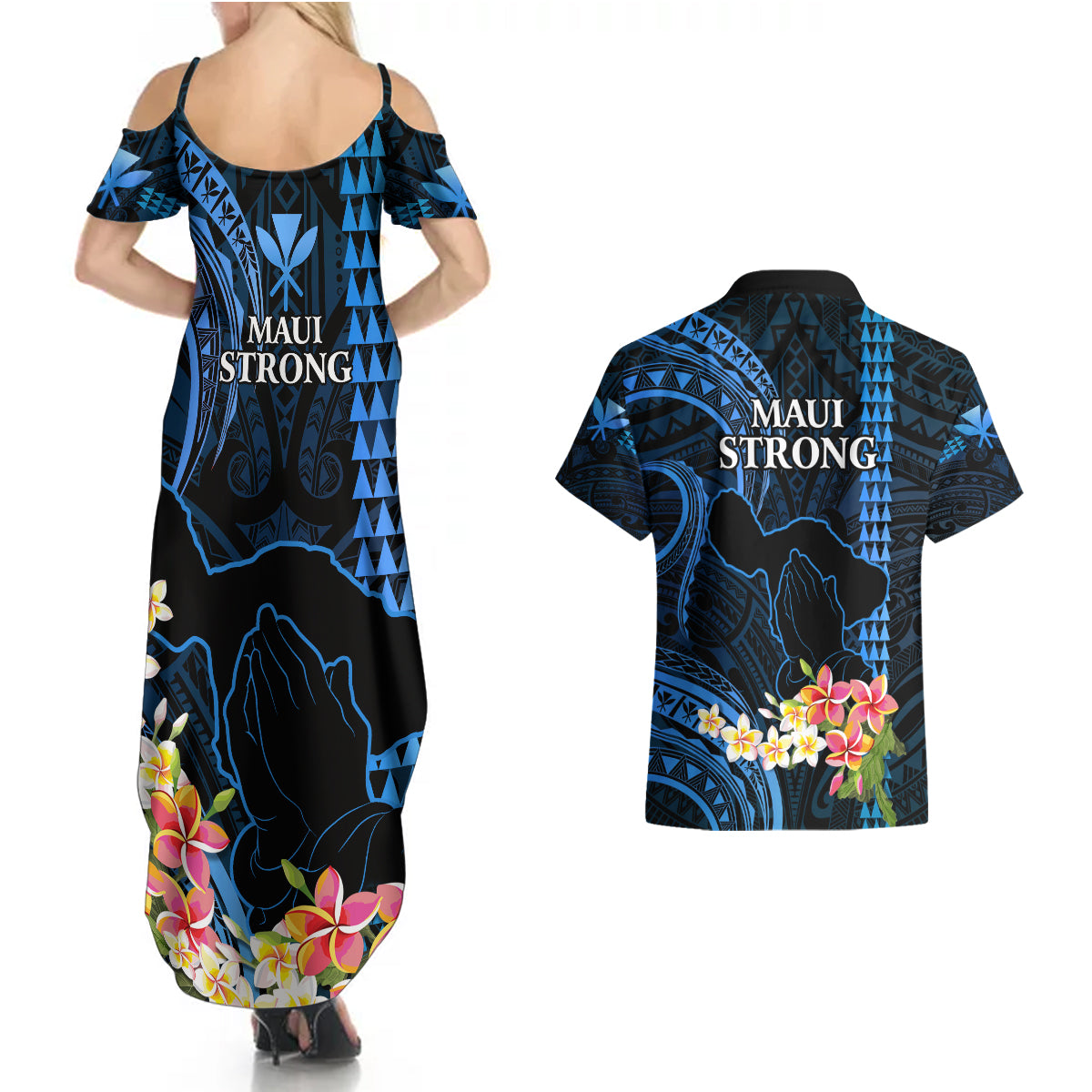 Hawaii Couples Matching Summer Maxi Dress and Hawaiian Shirt Pray For Maui Hawaiian Plumeria Be Strong Blue Verison - Wonder Print Shop