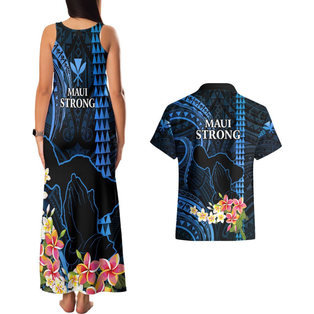 Hawaii Couples Matching Tank Maxi Dress and Hawaiian Shirt Pray For Maui Hawaiian Plumeria Be Strong Blue Verison - Wonder Print Shop