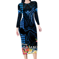 Hawaii Long Sleeve Bodycon Dress Pray For Maui Hawaiian Plumeria Be Strong Blue Verison - Wonder Print Shop