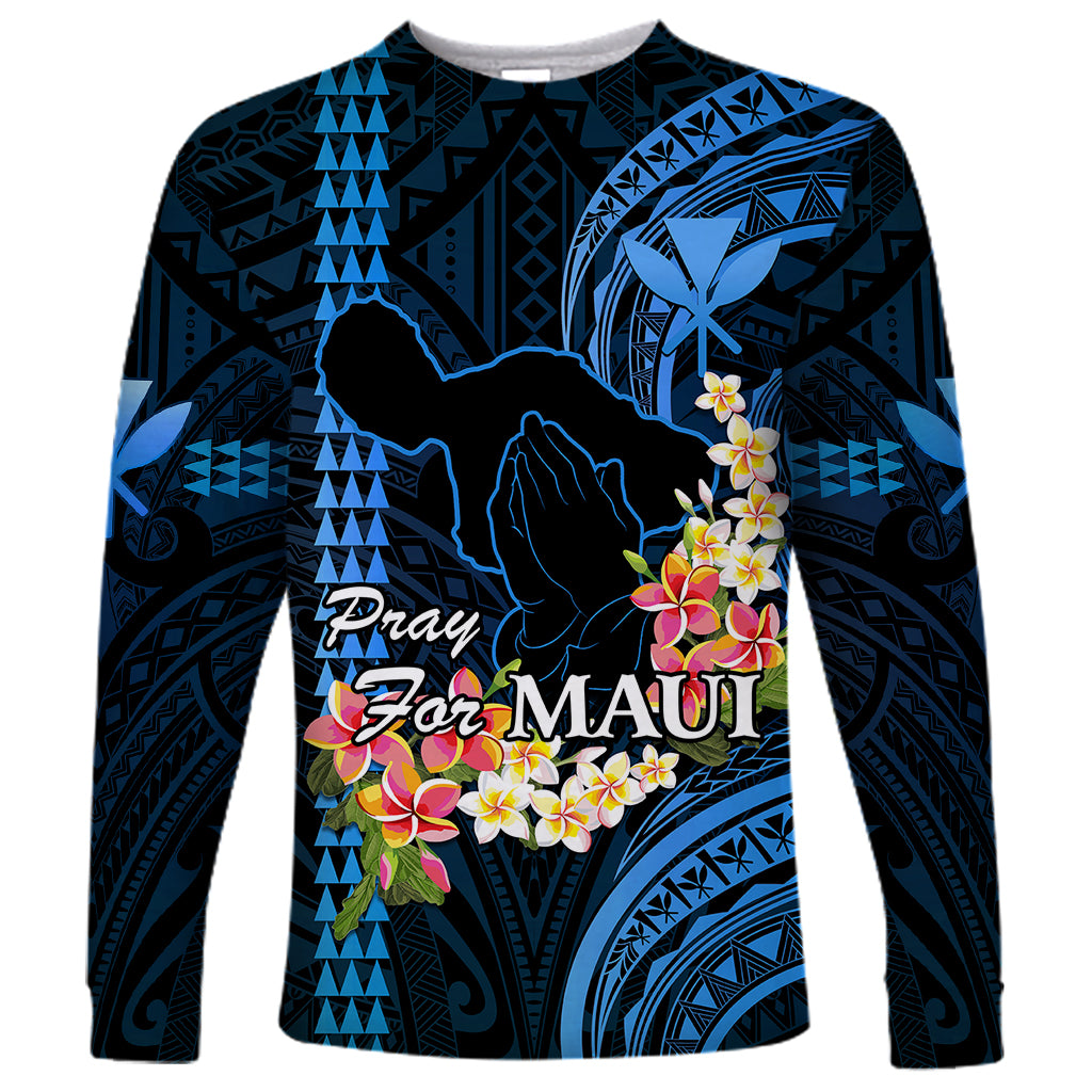 Hawaii Long Sleeve Shirt Pray For Maui Hawaiian Plumeria Be Strong Blue Verison - Wonder Print Shop