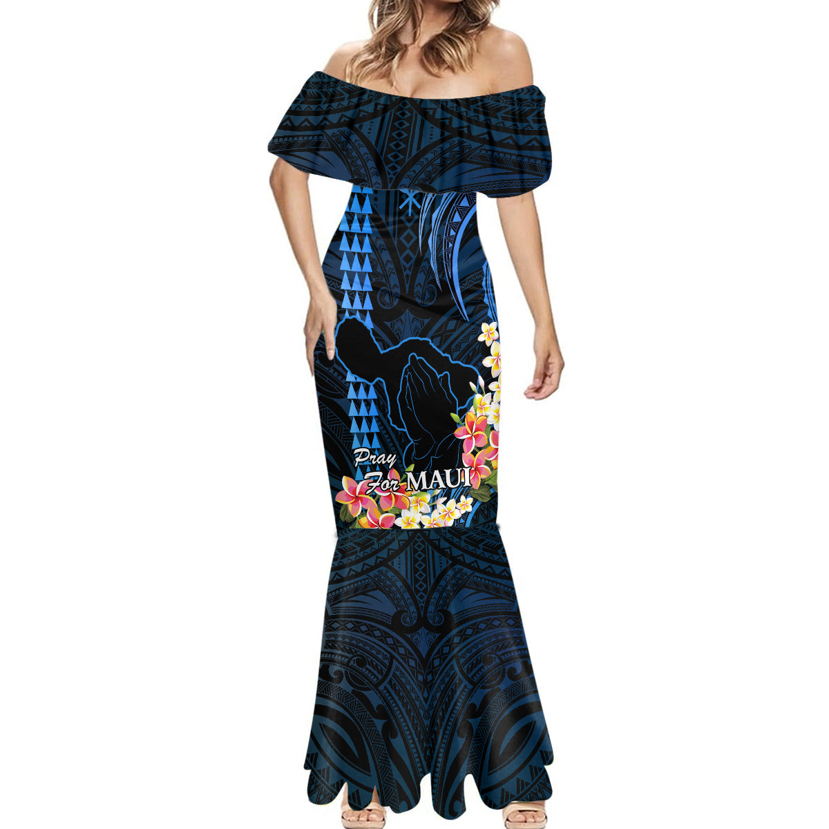 Hawaii Mermaid Dress Pray For Maui Hawaiian Plumeria Be Strong Blue Verison - Wonder Print Shop
