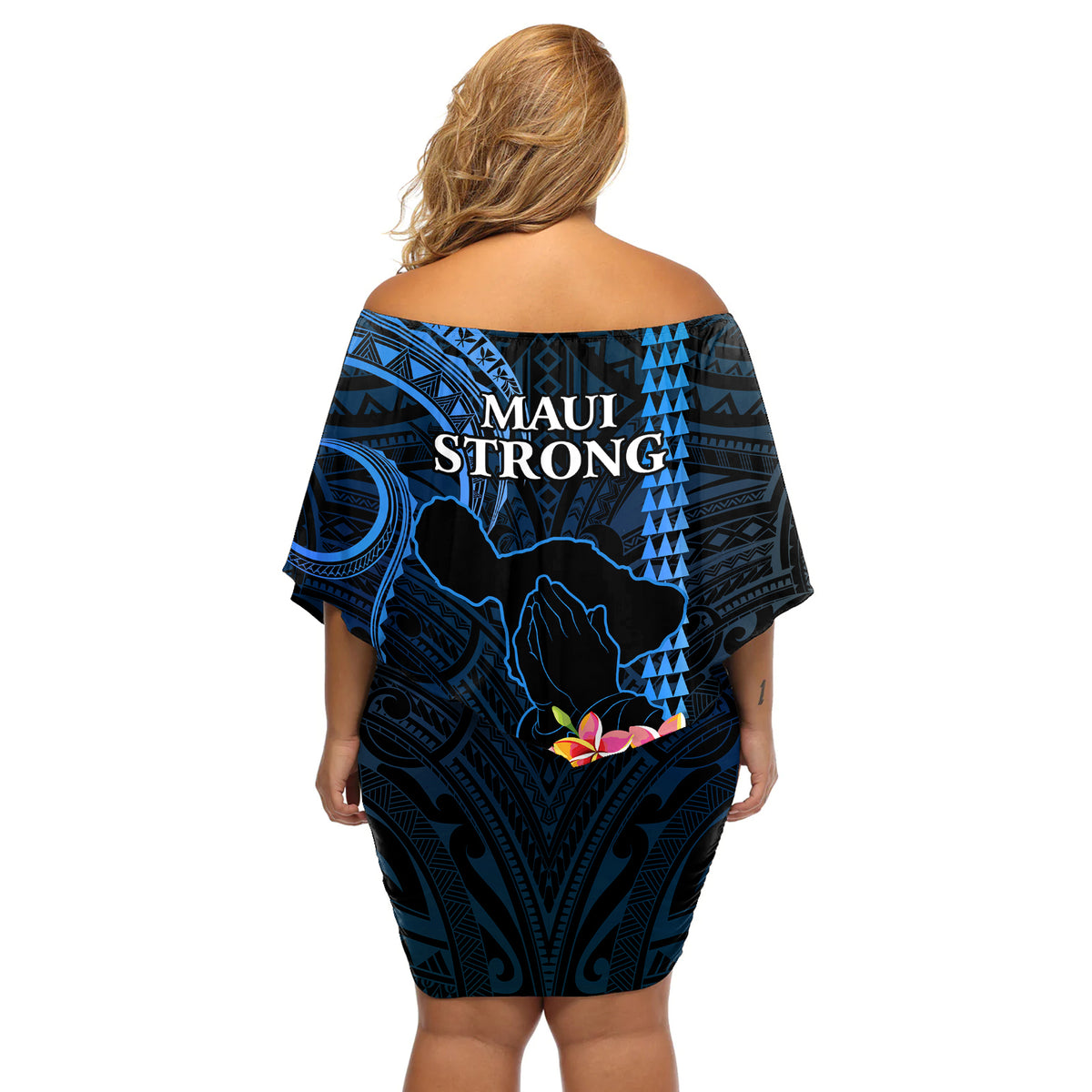 Hawaii Off Shoulder Short Dress Pray For Maui Hawaiian Plumeria Be Strong Blue Verison - Wonder Print Shop