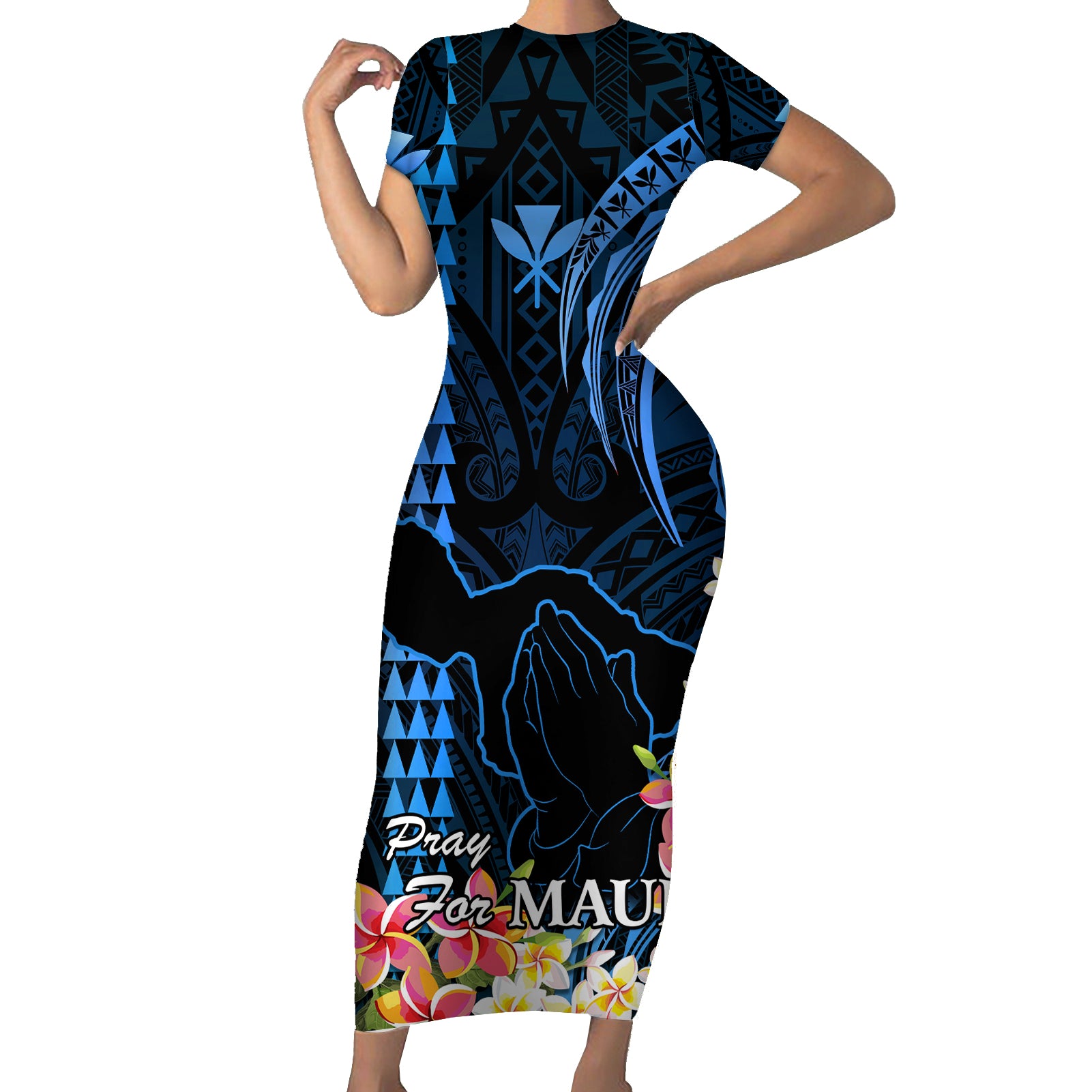 Hawaii Short Sleeve Bodycon Dress Pray For Maui Hawaiian Plumeria Be Strong Blue Verison - Wonder Print Shop