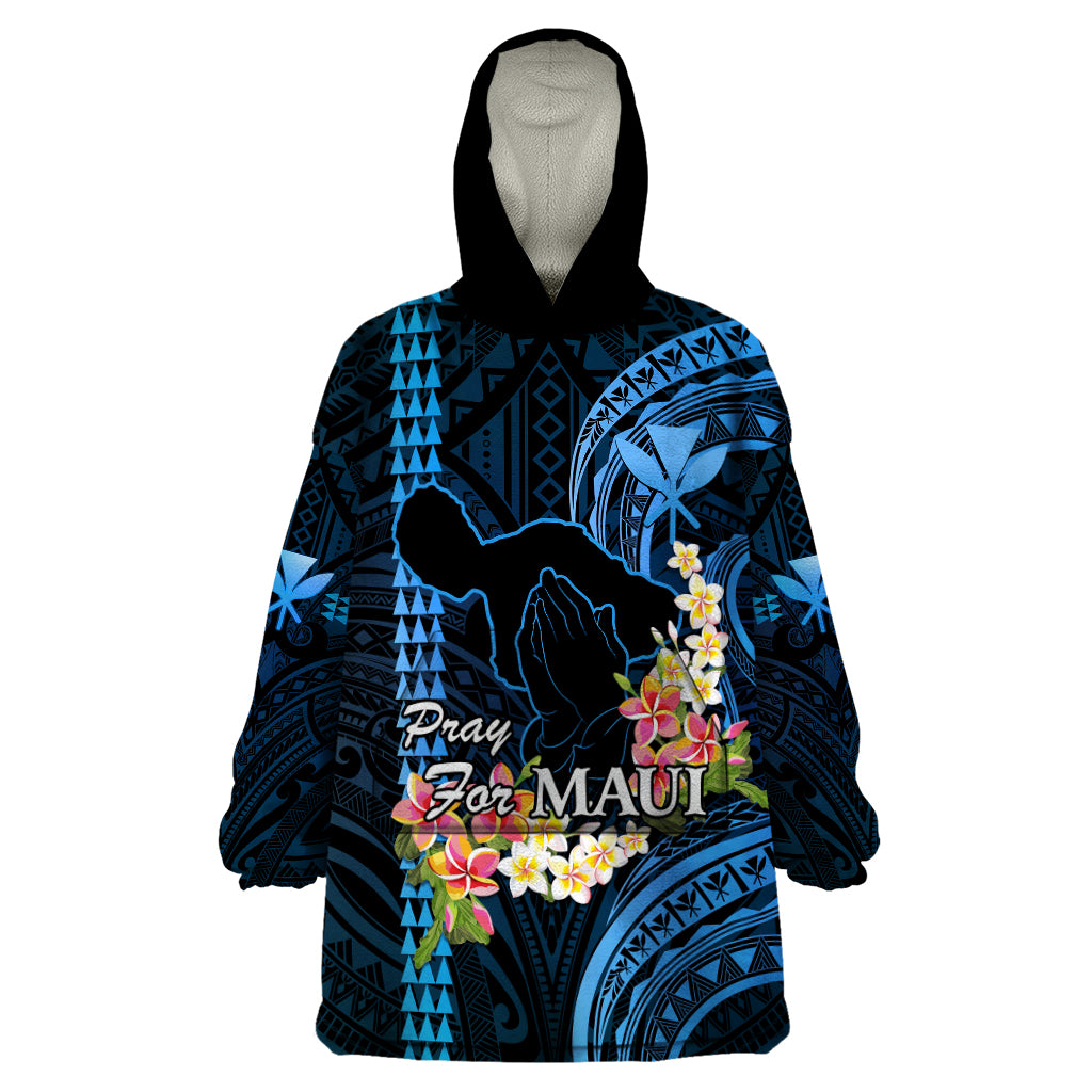 Hawaii Wearable Blanket Hoodie Pray For Maui Hawaiian Plumeria Be Strong Blue Verison - Wonder Print Shop