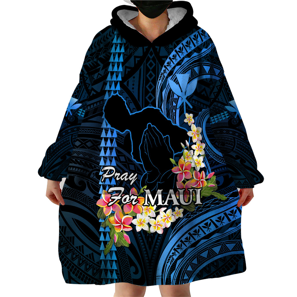 Hawaii Wearable Blanket Hoodie Pray For Maui Hawaiian Plumeria Be Strong Blue Verison - Wonder Print Shop
