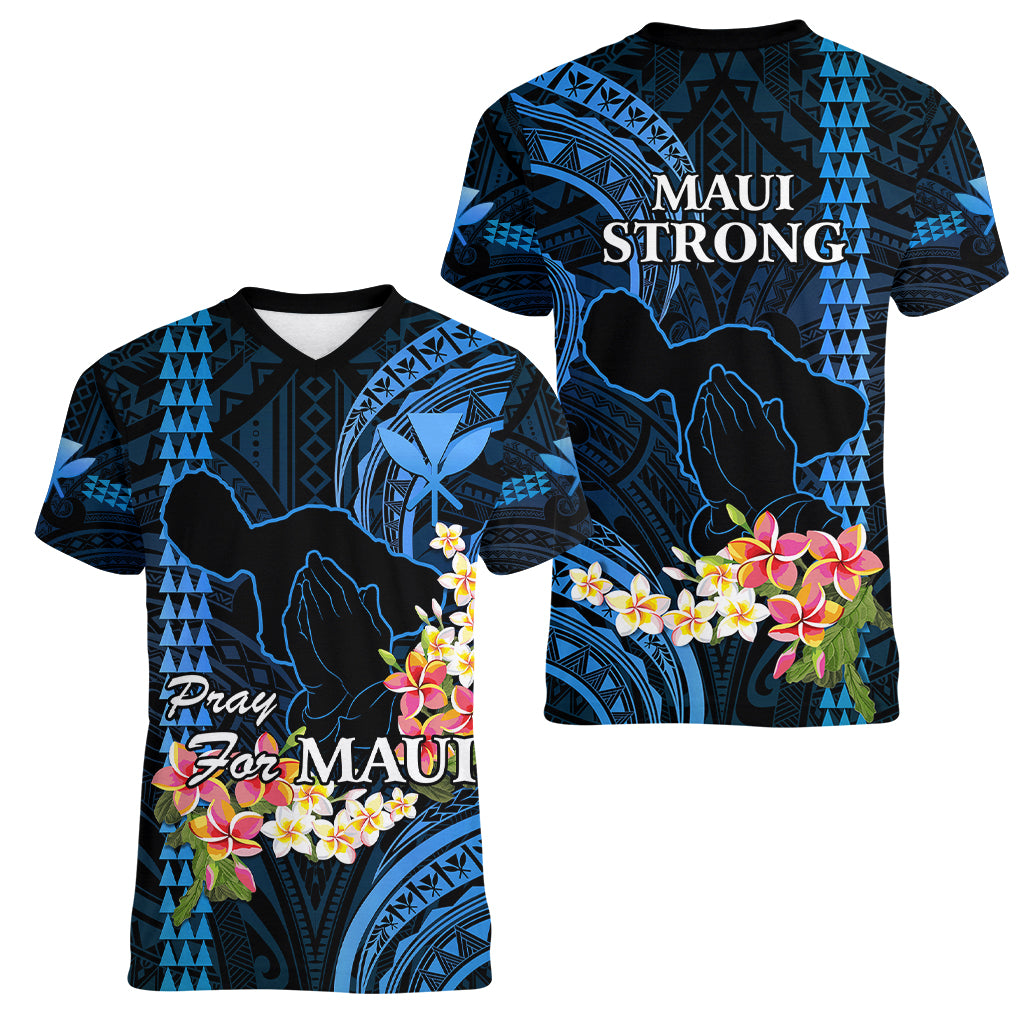Hawaii Women V Neck T Shirt Pray For Maui Hawaiian Plumeria Be Strong Blue Verison - Wonder Print Shop
