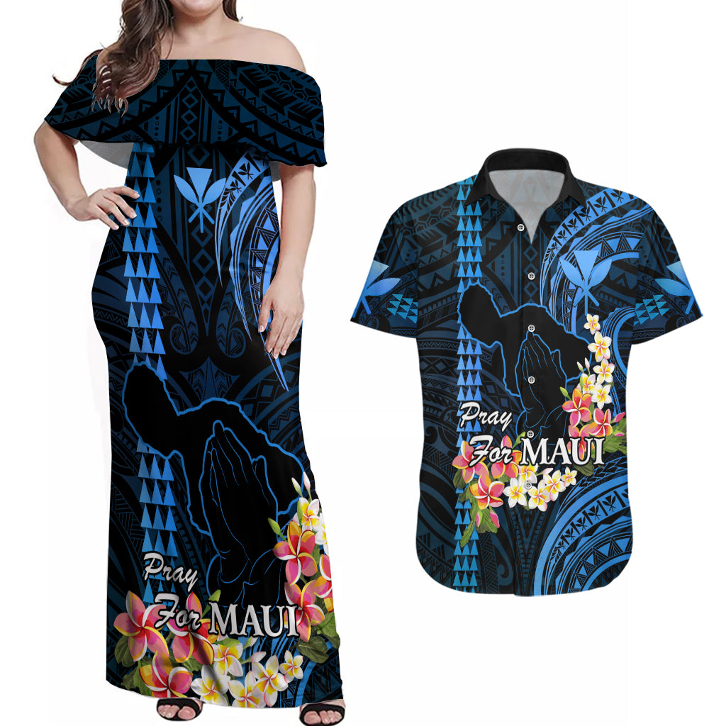 Personalised Hawaii Couples Matching Off Shoulder Maxi Dress and Hawaiian Shirt Pray For Maui Hawaiian Plumeria Be Strong Blue Verison - Wonder Print Shop