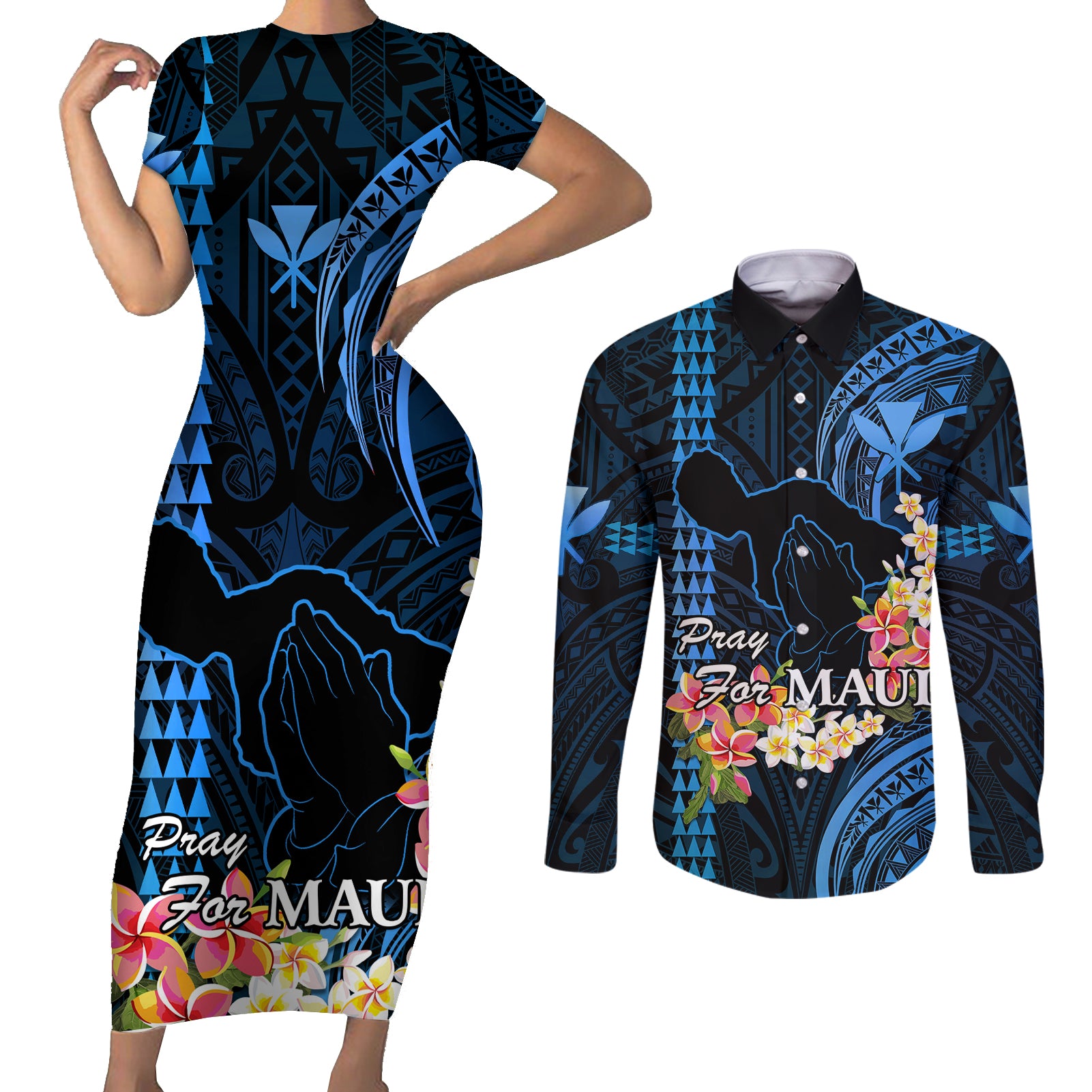 Personalised Hawaii Couples Matching Short Sleeve Bodycon Dress and Long Sleeve Button Shirts Pray For Maui Hawaiian Plumeria Be Strong Blue Verison - Wonder Print Shop