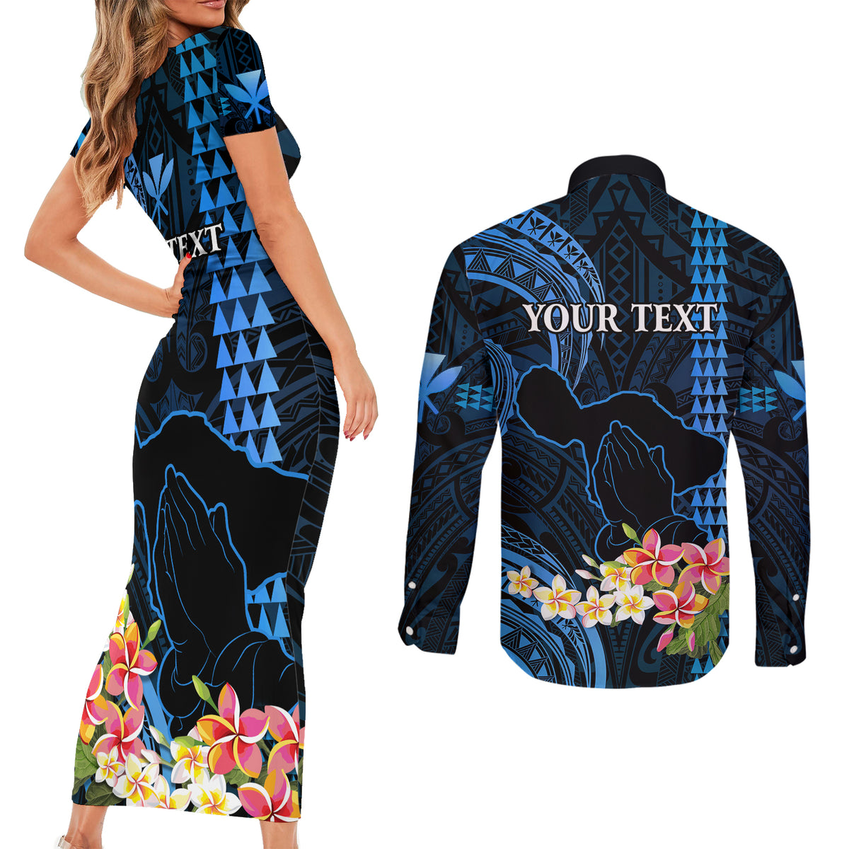 Personalised Hawaii Couples Matching Short Sleeve Bodycon Dress and Long Sleeve Button Shirts Pray For Maui Hawaiian Plumeria Be Strong Blue Verison - Wonder Print Shop
