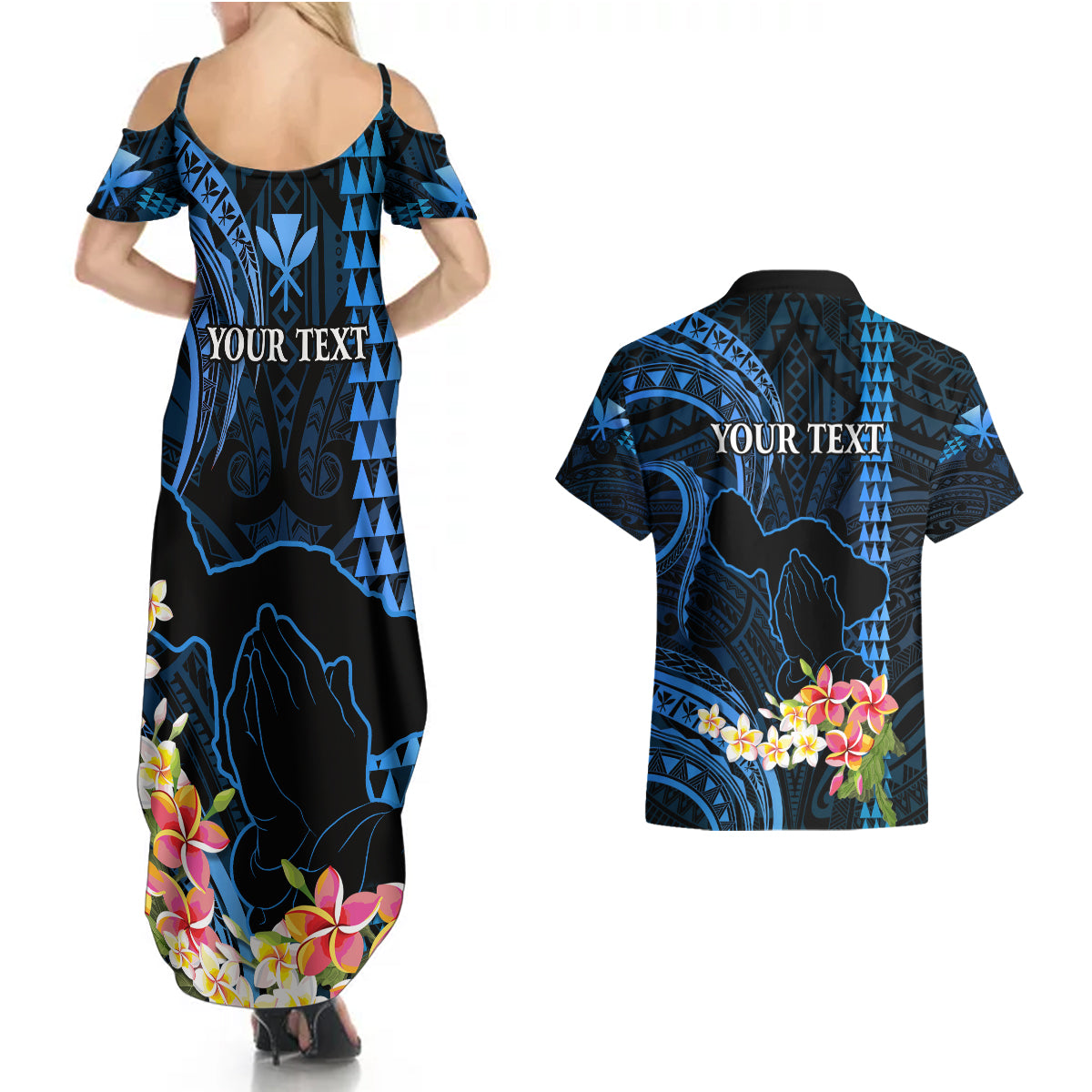 Personalised Hawaii Couples Matching Summer Maxi Dress and Hawaiian Shirt Pray For Maui Hawaiian Plumeria Be Strong Blue Verison - Wonder Print Shop