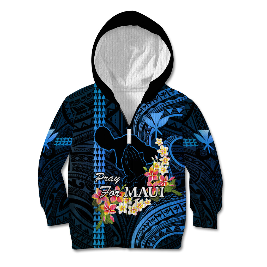 Personalised Hawaii Kid Hoodie Pray For Maui Hawaiian Plumeria Be Strong Blue Verison - Wonder Print Shop