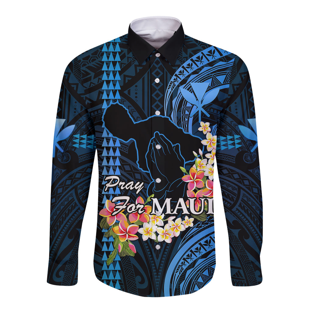 Personalised Hawaii Long Sleeve Button Shirt Pray For Maui Hawaiian Plumeria Be Strong Blue Verison - Wonder Print Shop