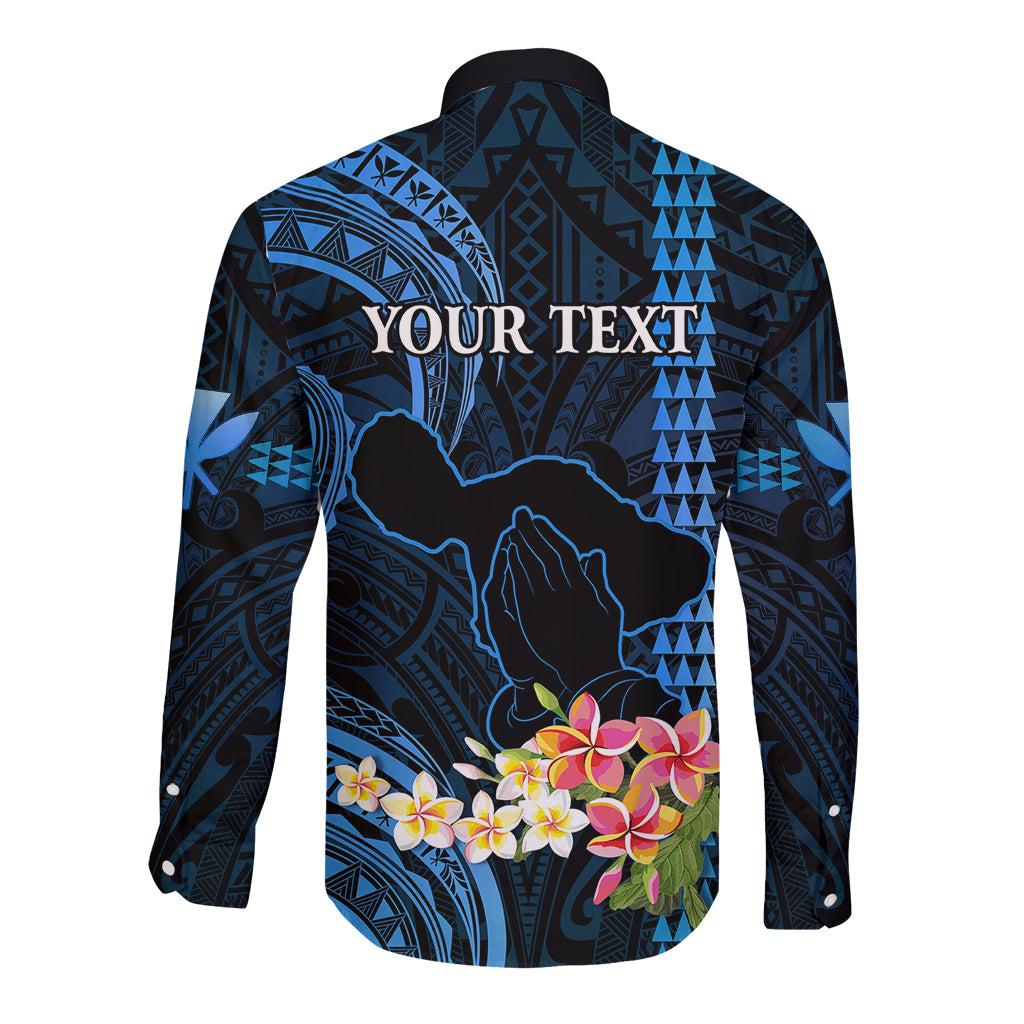 Personalised Hawaii Long Sleeve Button Shirt Pray For Maui Hawaiian Plumeria Be Strong Blue Verison - Wonder Print Shop