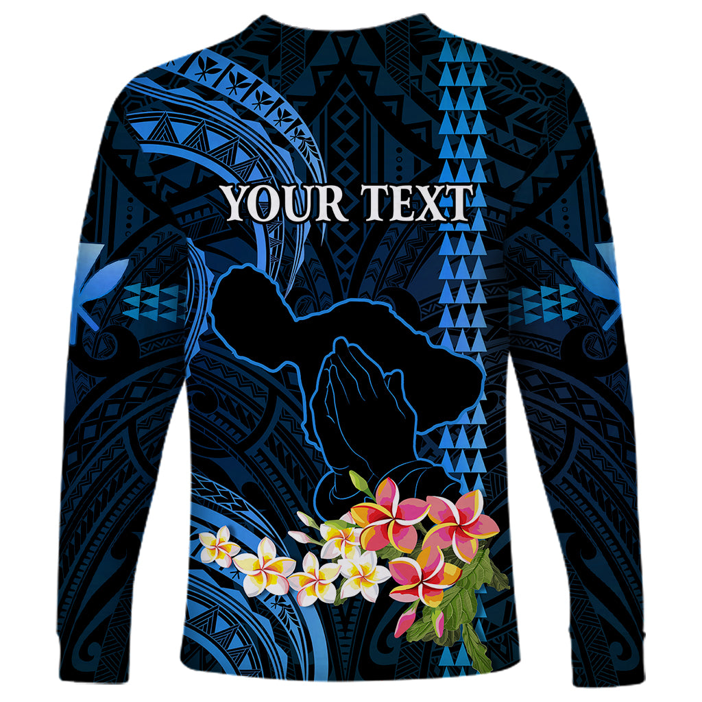 Personalised Hawaii Long Sleeve Shirt Pray For Maui Hawaiian Plumeria Be Strong Blue Verison - Wonder Print Shop