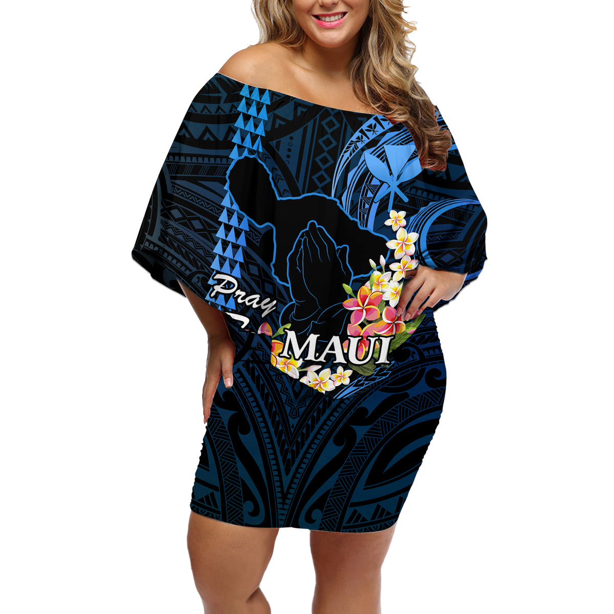 Personalised Hawaii Off Shoulder Short Dress Pray For Maui Hawaiian Plumeria Be Strong Blue Verison - Wonder Print Shop