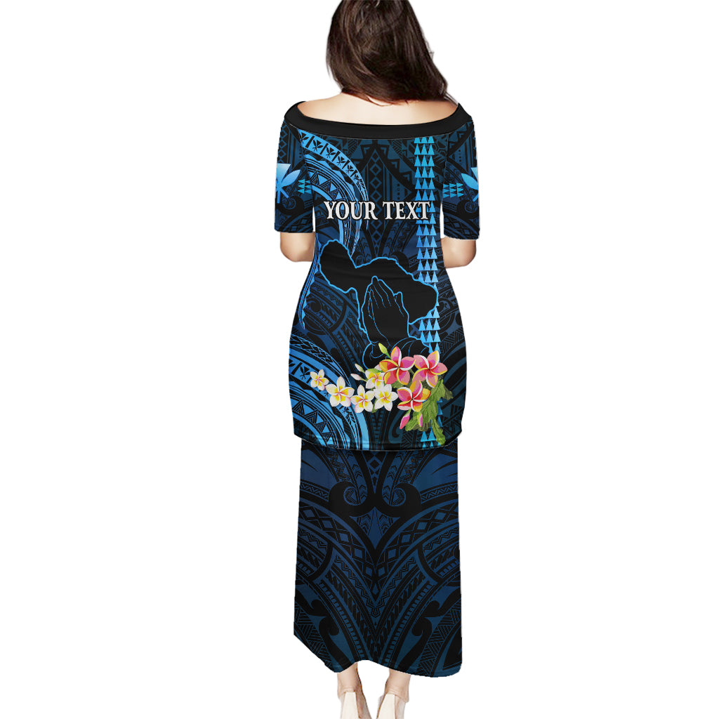 Personalised Hawaii Puletasi Pray For Maui Hawaiian Plumeria Be Strong Blue Verison - Wonder Print Shop