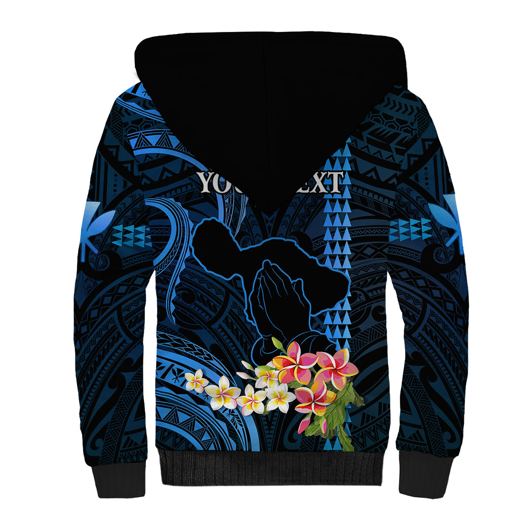 Personalised Hawaii Sherpa Hoodie Pray For Maui Hawaiian Plumeria Be Strong Blue Verison - Wonder Print Shop