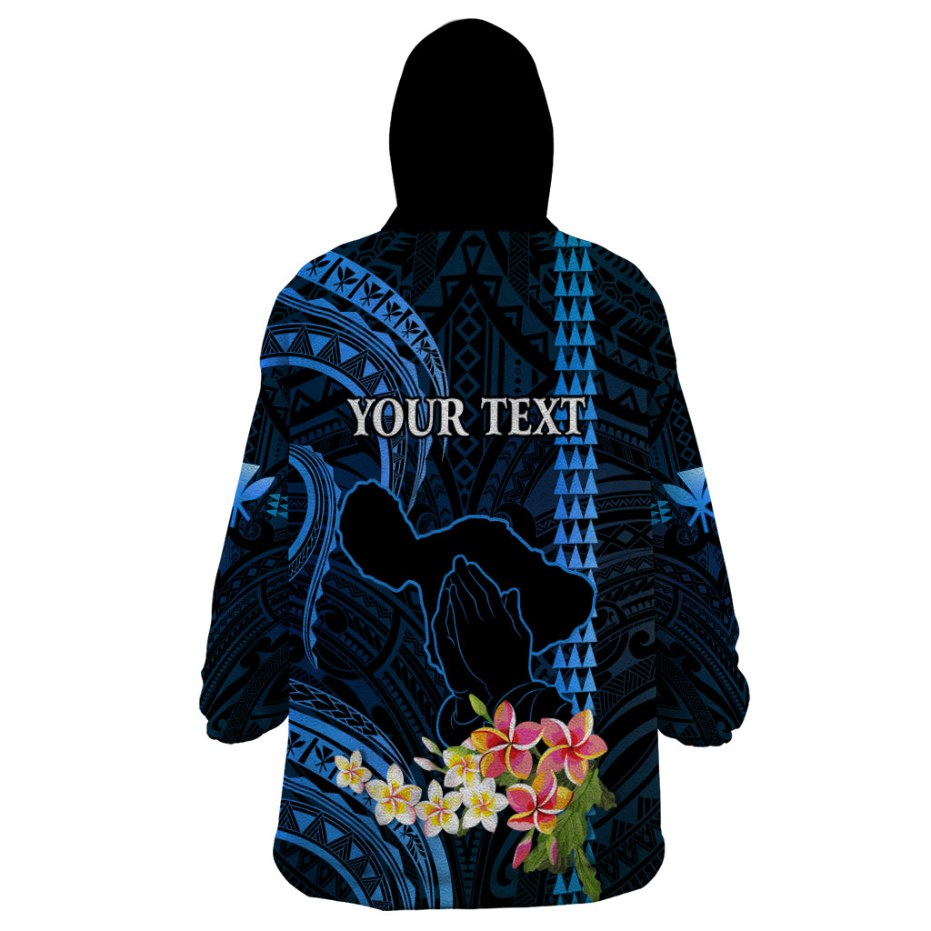 Personalised Hawaii Wearable Blanket Hoodie Pray For Maui Hawaiian Plumeria Be Strong Blue Verison - Wonder Print Shop