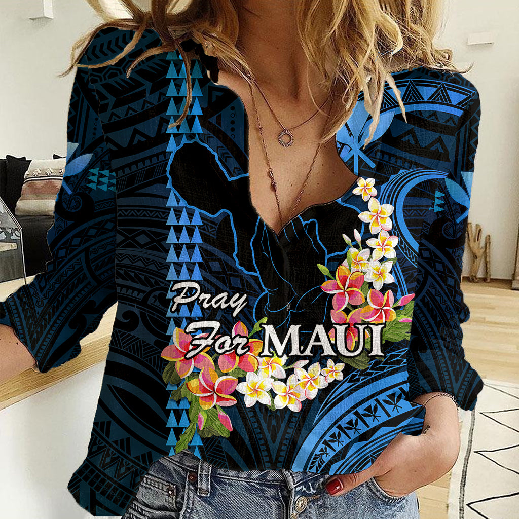Personalised Hawaii Women Casual Shirt Pray For Maui Hawaiian Plumeria Be Strong Blue Verison - Wonder Print Shop