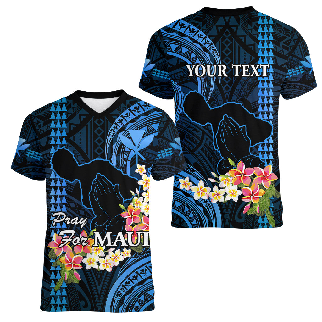 Personalised Hawaii Women V Neck T Shirt Pray For Maui Hawaiian Plumeria Be Strong Blue Verison - Wonder Print Shop