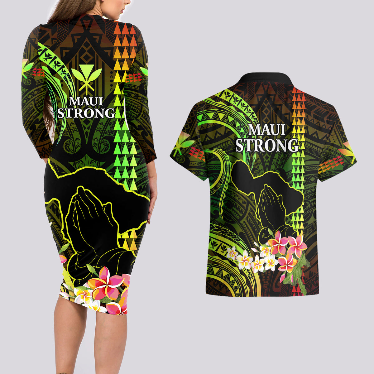Hawaii Couples Matching Long Sleeve Bodycon Dress and Hawaiian Shirt Pray For Maui Hawaiian Plumeria Be Strong Reggae Verison - Wonder Print Shop