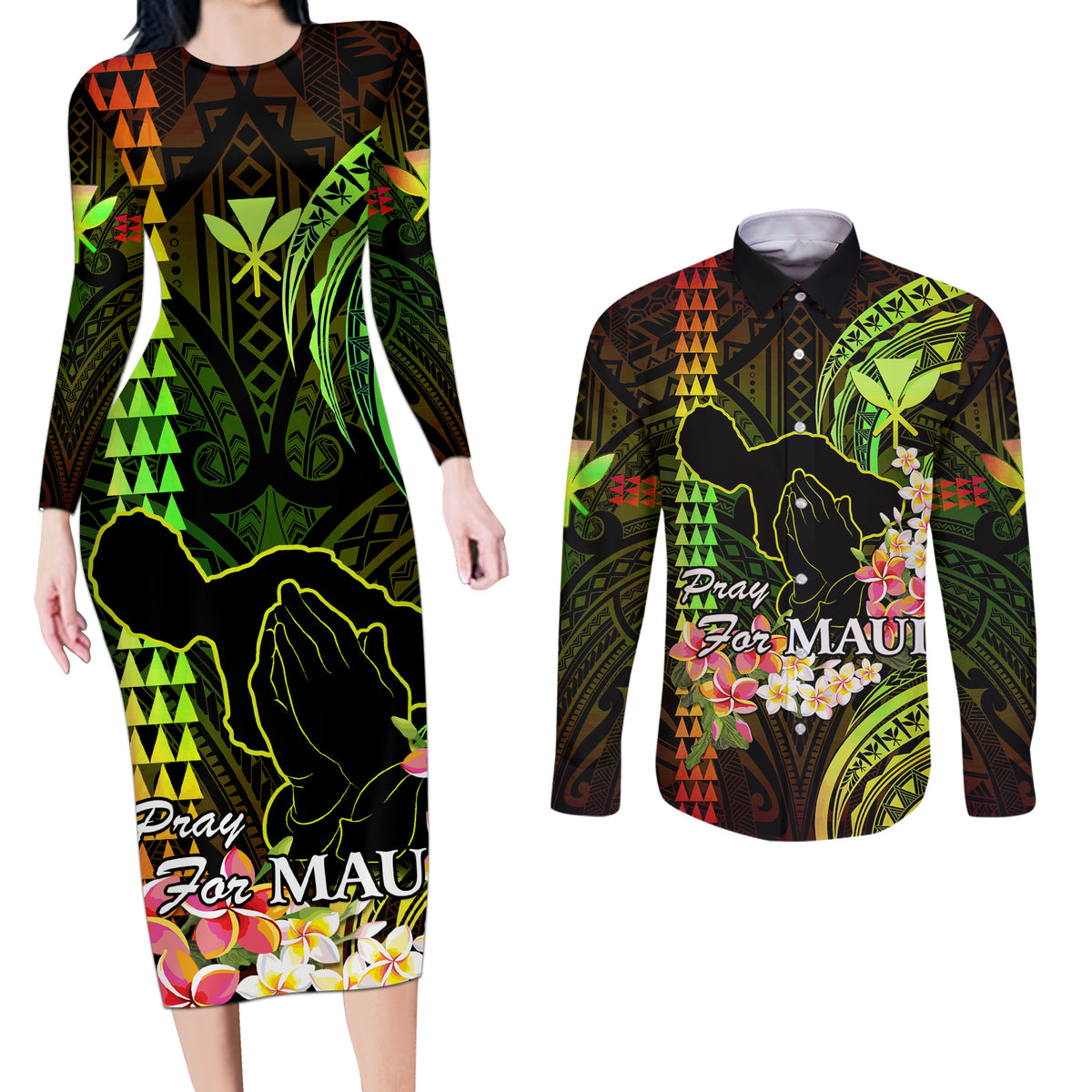 Hawaii Couples Matching Long Sleeve Bodycon Dress and Long Sleeve Button Shirts Pray For Maui Hawaiian Plumeria Be Strong Reggae Verison - Wonder Print Shop