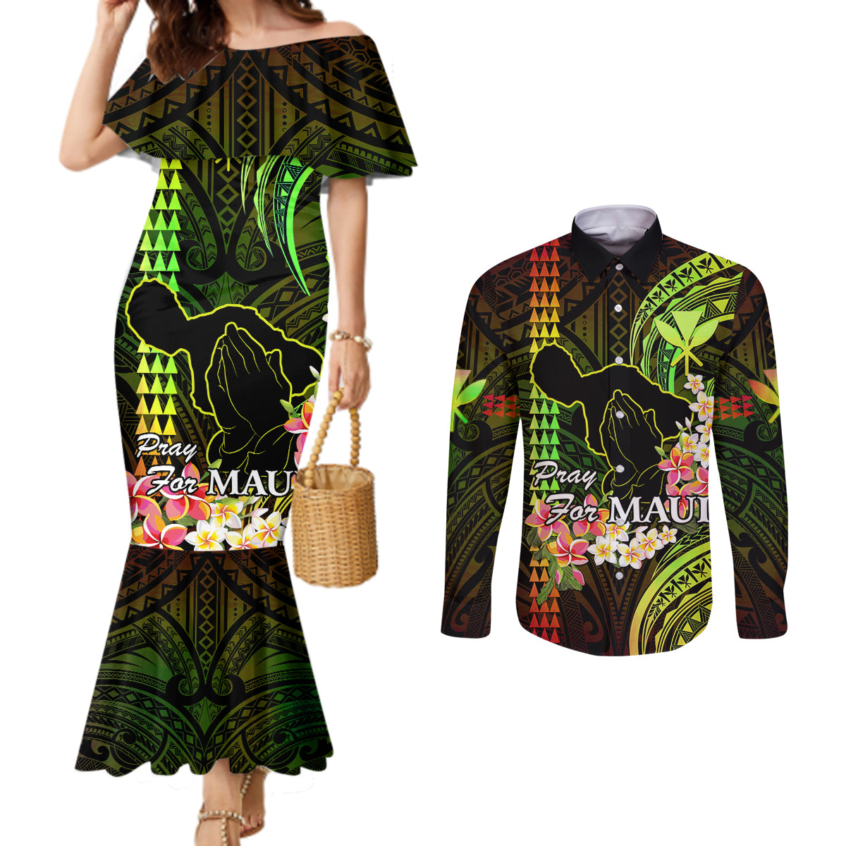 hawaii-couples-matching-mermaid-dress-and-long-sleeve-button-shirts-pray-for-maui-hawaiian-plumeria-be-strong-reggae-verison