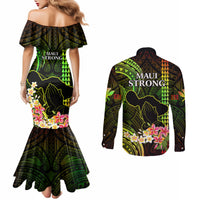 hawaii-couples-matching-mermaid-dress-and-long-sleeve-button-shirts-pray-for-maui-hawaiian-plumeria-be-strong-reggae-verison