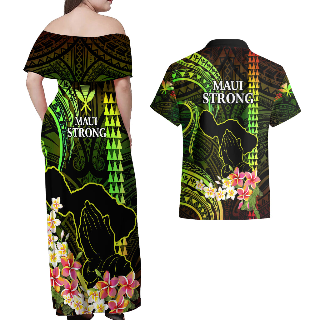 Hawaii Couples Matching Off Shoulder Maxi Dress and Hawaiian Shirt Pray For Maui Hawaiian Plumeria Be Strong Reggae Verison - Wonder Print Shop