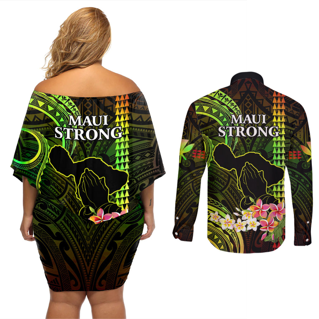 Hawaii Couples Matching Off Shoulder Short Dress and Long Sleeve Button Shirts Pray For Maui Hawaiian Plumeria Be Strong Reggae Verison - Wonder Print Shop