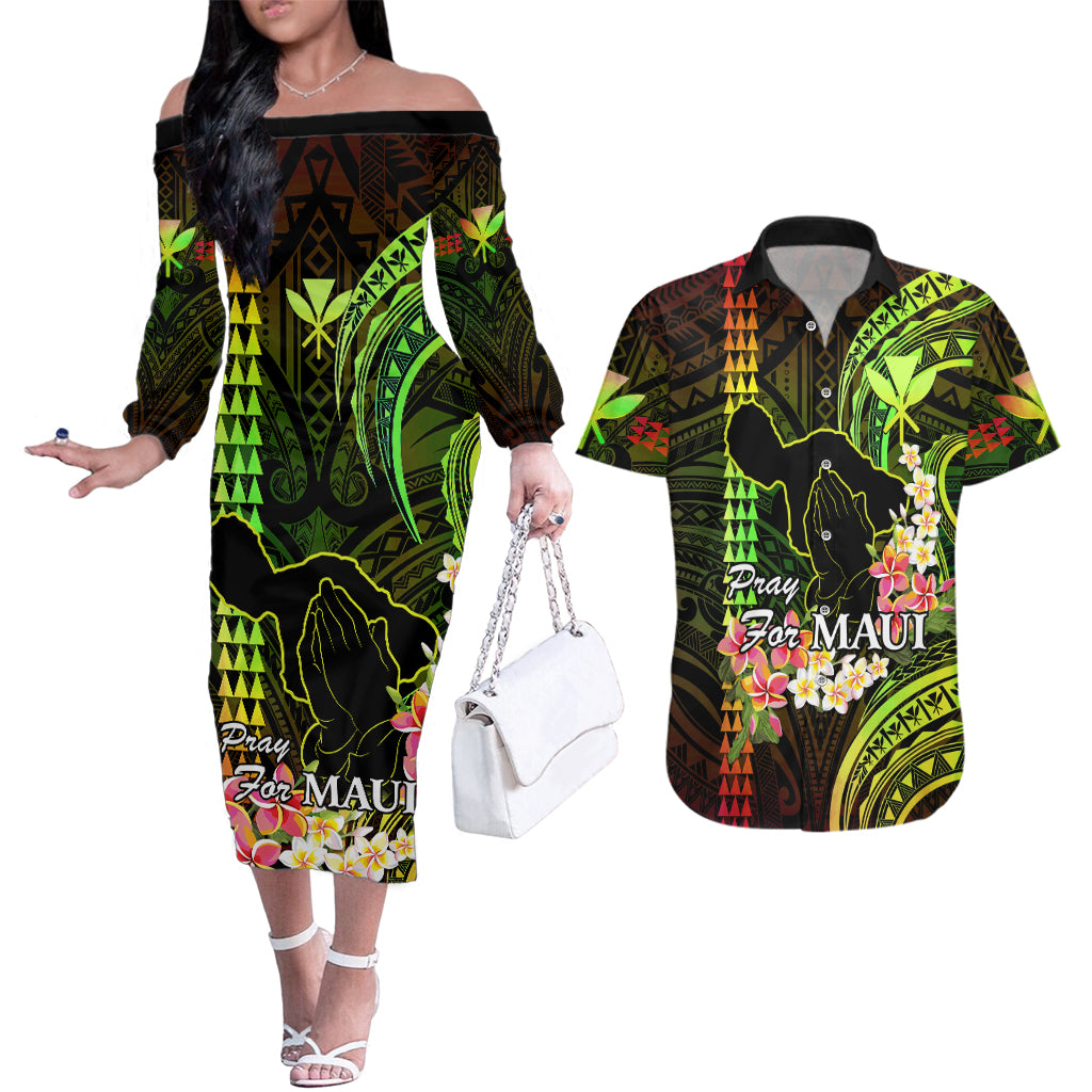 Hawaii Couples Matching Off The Shoulder Long Sleeve Dress and Hawaiian Shirt Pray For Maui Hawaiian Plumeria Be Strong Reggae Verison - Wonder Print Shop