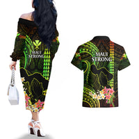 Hawaii Couples Matching Off The Shoulder Long Sleeve Dress and Hawaiian Shirt Pray For Maui Hawaiian Plumeria Be Strong Reggae Verison - Wonder Print Shop