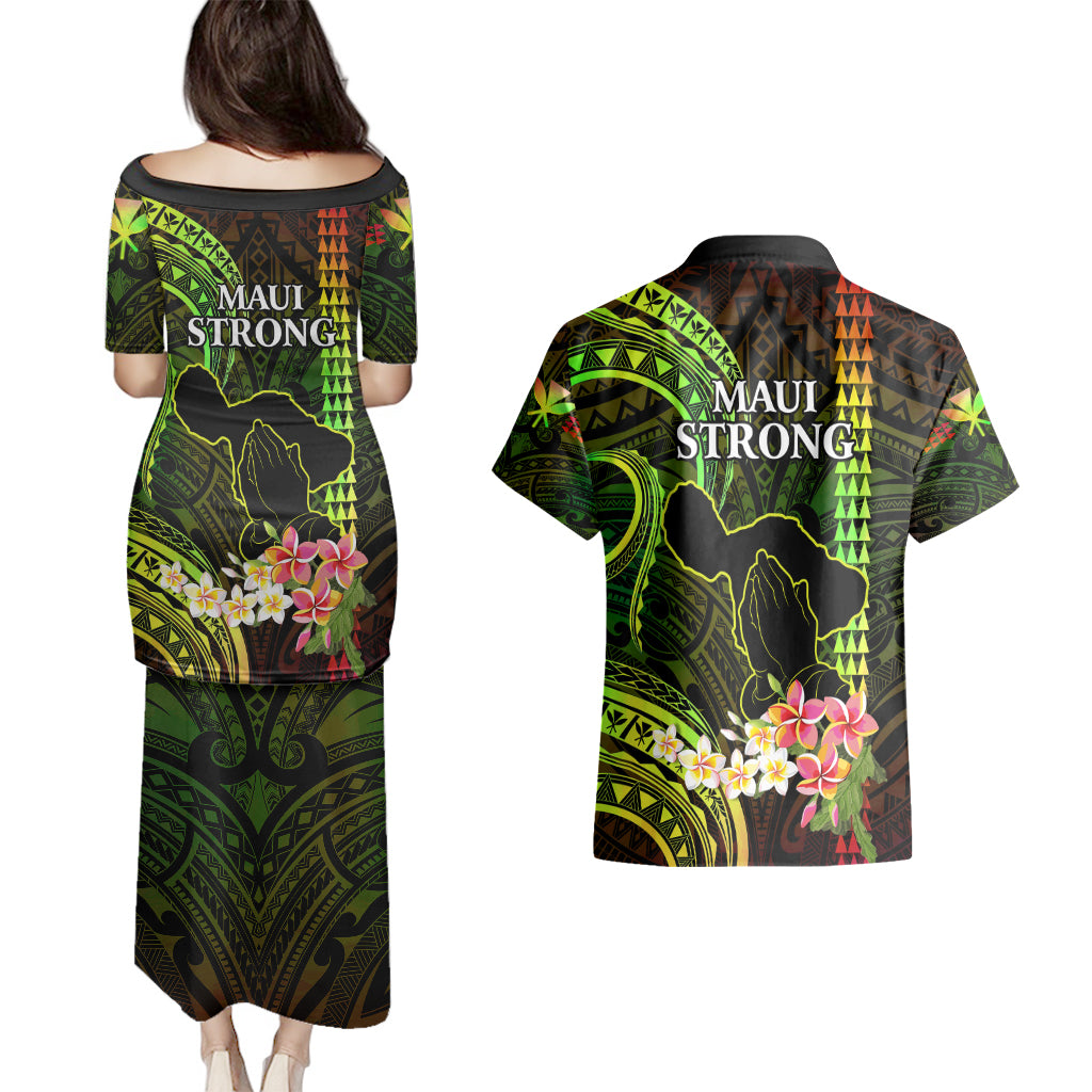 Hawaii Couples Matching Puletasi Dress and Hawaiian Shirt Pray For Maui Hawaiian Plumeria Be Strong Reggae Verison - Wonder Print Shop