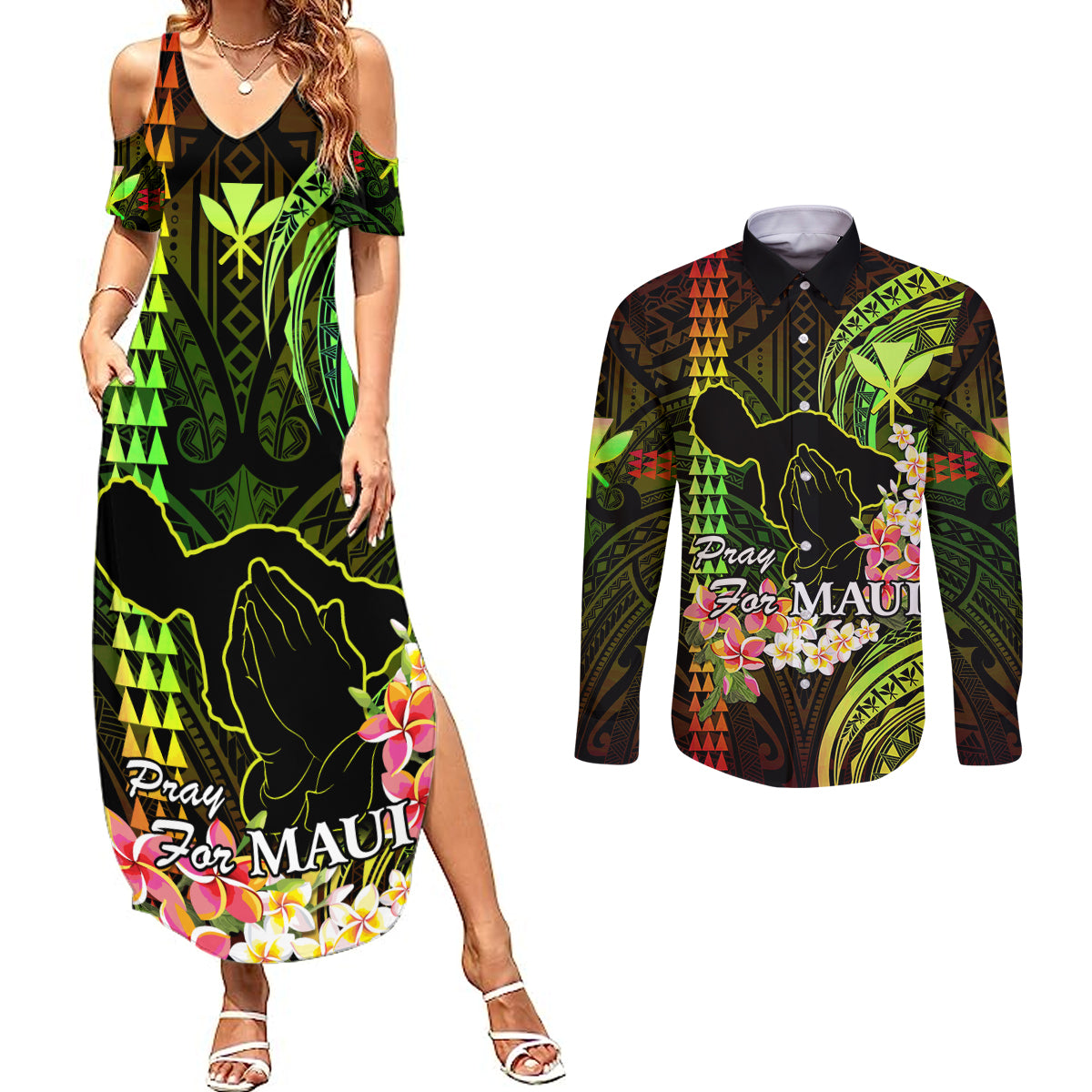 Hawaii Couples Matching Summer Maxi Dress and Long Sleeve Button Shirts Pray For Maui Hawaiian Plumeria Be Strong Reggae Verison - Wonder Print Shop