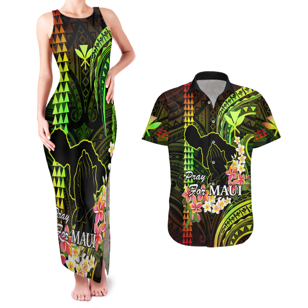 Hawaii Couples Matching Tank Maxi Dress and Hawaiian Shirt Pray For Maui Hawaiian Plumeria Be Strong Reggae Verison - Wonder Print Shop