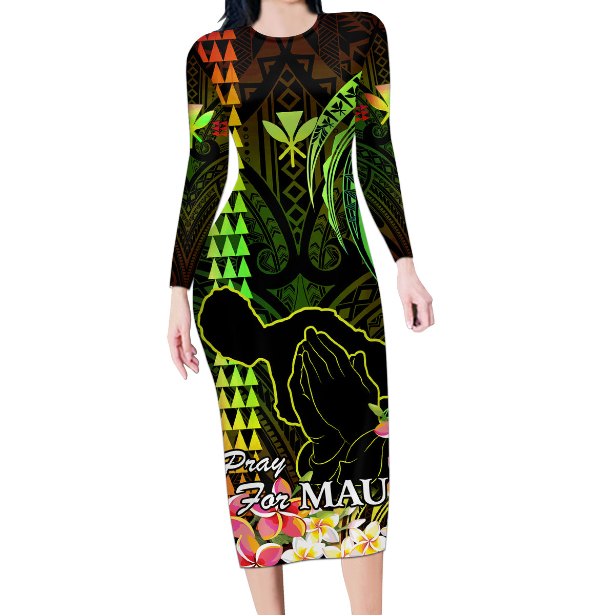 Hawaii Long Sleeve Bodycon Dress Pray For Maui Hawaiian Plumeria Be Strong Reggae Verison - Wonder Print Shop