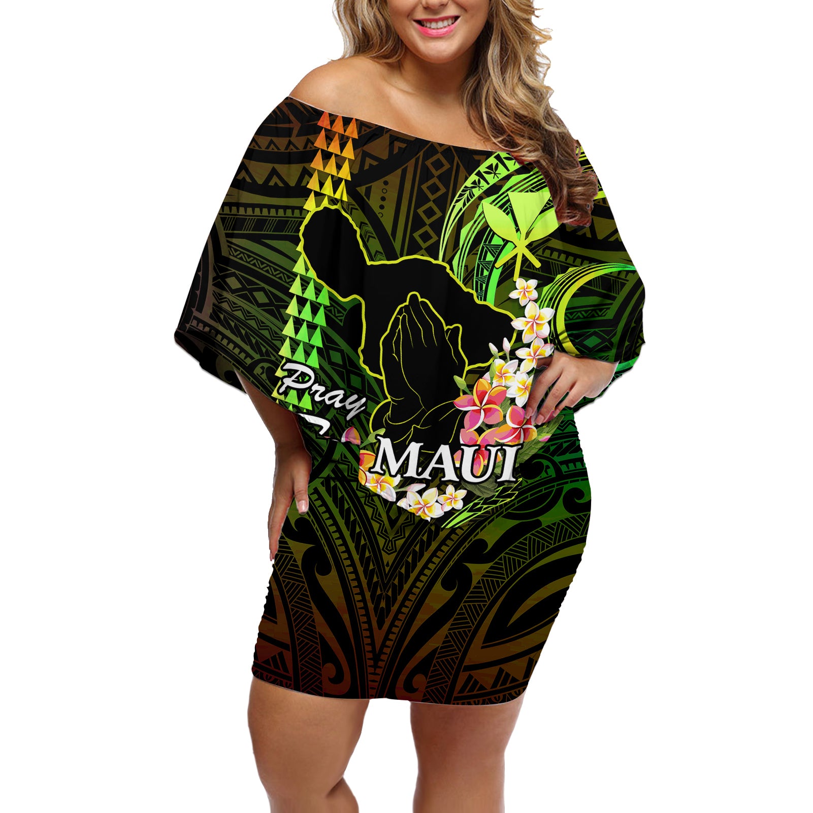 Hawaii Off Shoulder Short Dress Pray For Maui Hawaiian Plumeria Be Strong Reggae Verison - Wonder Print Shop