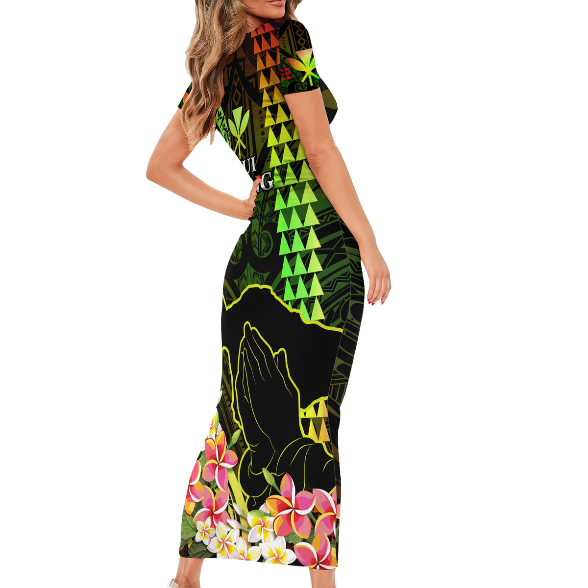 Hawaii Short Sleeve Bodycon Dress Pray For Maui Hawaiian Plumeria Be Strong Reggae Verison - Wonder Print Shop