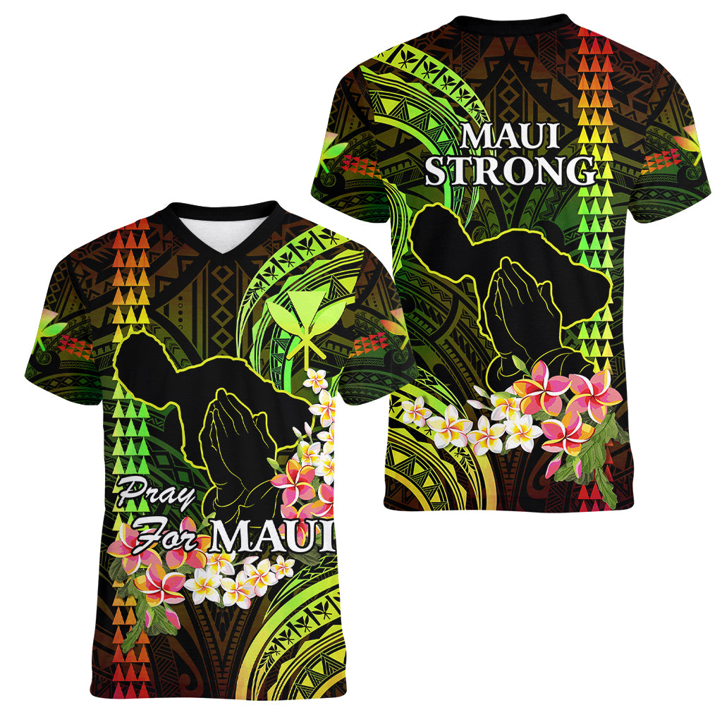 Hawaii Women V Neck T Shirt Pray For Maui Hawaiian Plumeria Be Strong Reggae Verison - Wonder Print Shop